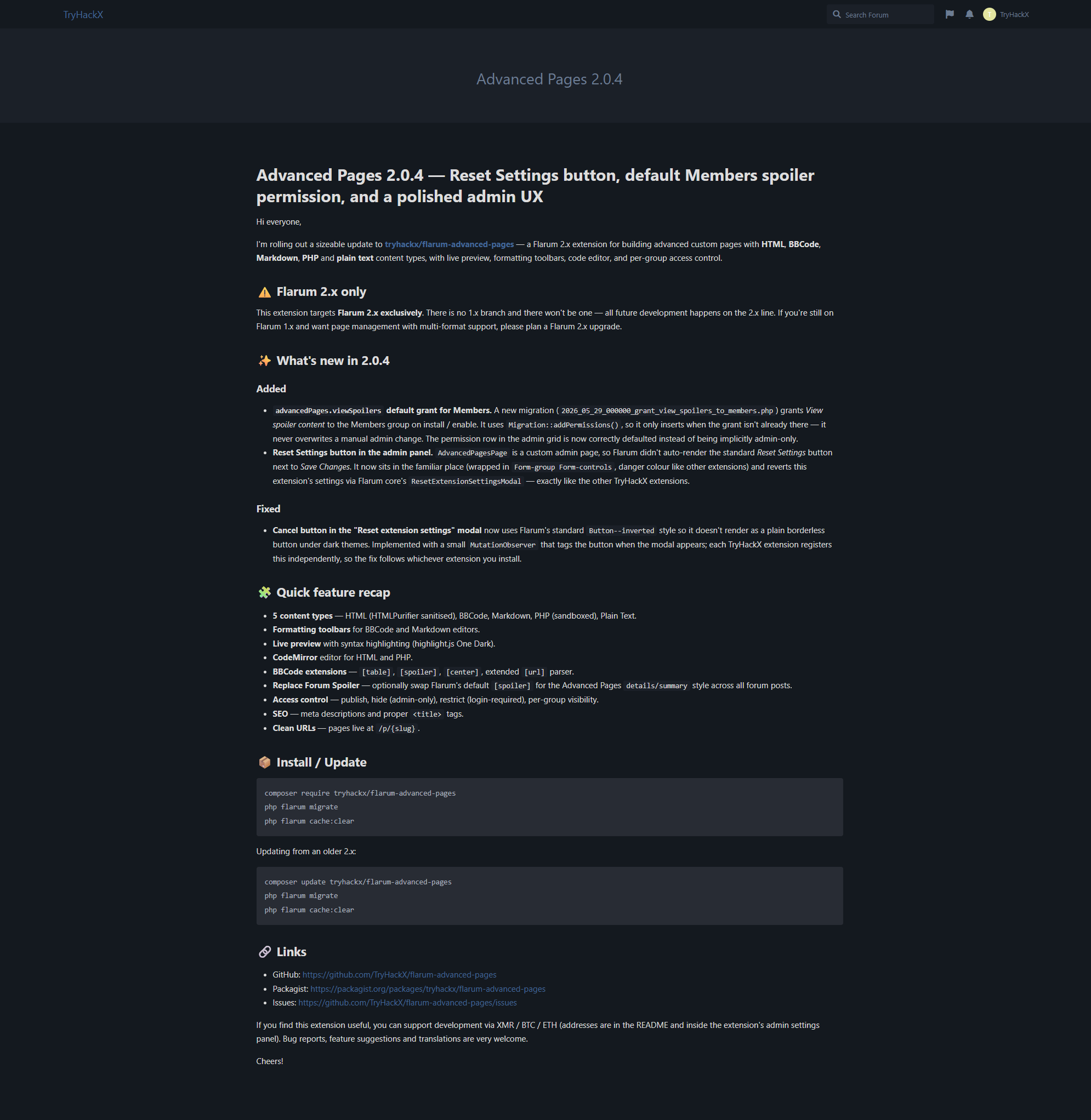 Advanced Pages admin settings — page list, BBCode toggles, forum integration and permissions