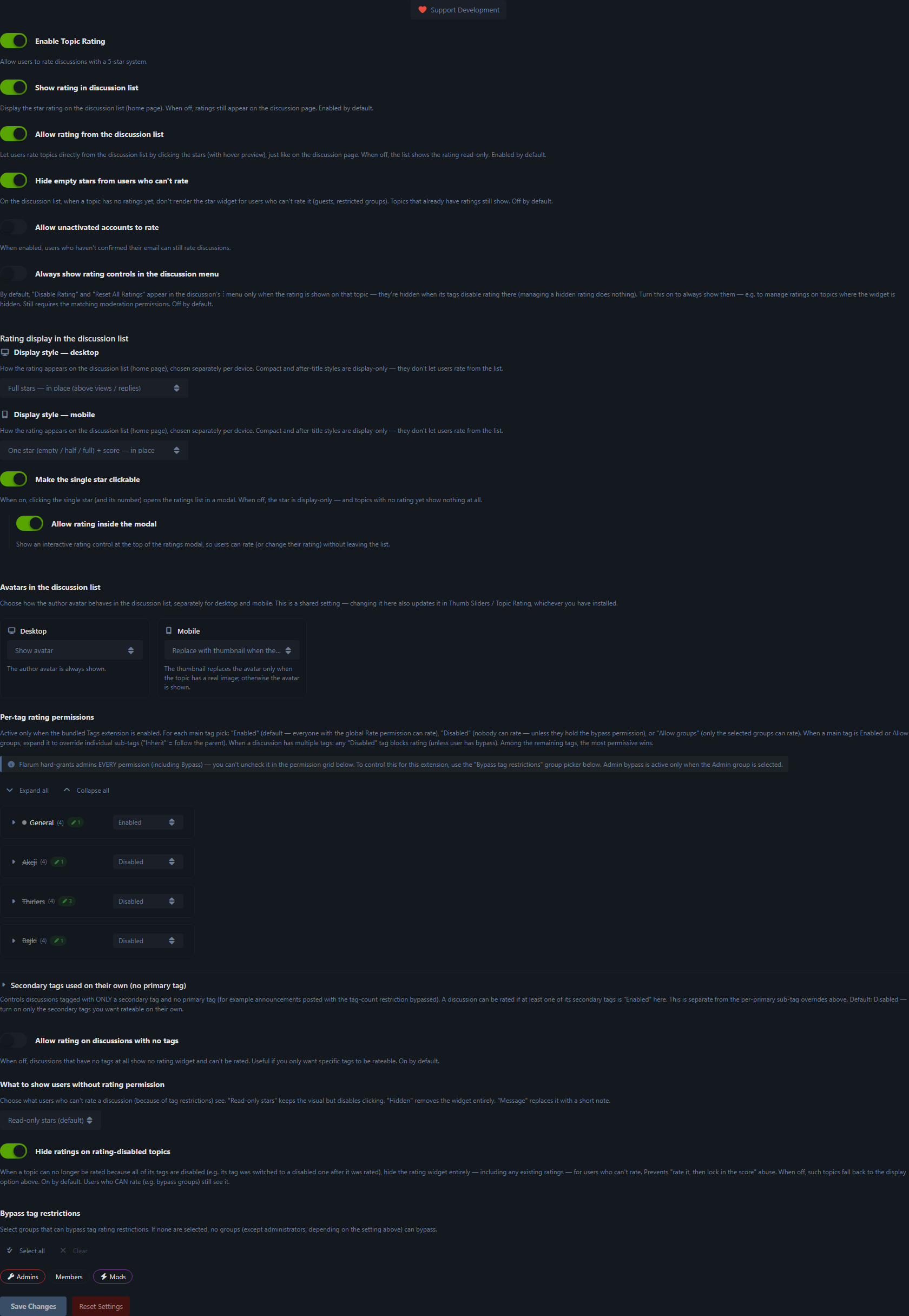 Topic Rating admin panel — per-tag permission tree, bypass-group picker and display-mode selector